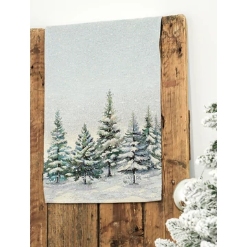 Asztalterítő, asztali futó, havas fenyőerdő dizájn 