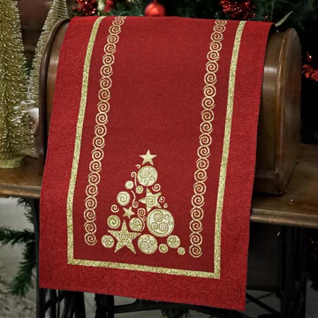 Asztalterítő, asztali futó bordó-piros arany lurex dizájn 