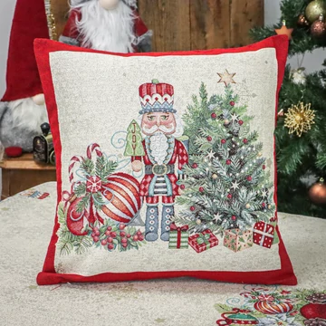 Díszpárnahuzat, diótörős, piros szélű dizájn 