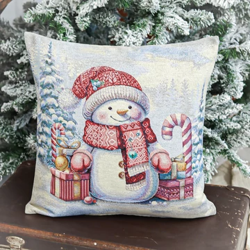 Díszpárnahuzat, piros sapkás hóember dizájn 