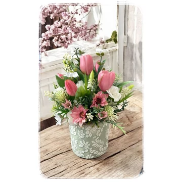 Élethű tavaszi tulipános asztaldísz 