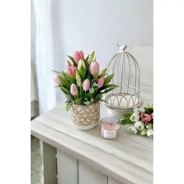 Élethű tavaszi tulipános asztaldísz 