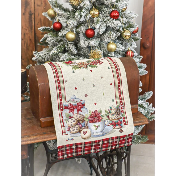 Ünnepi sütis asztali futó, 44x140 cm, ezüst lurex