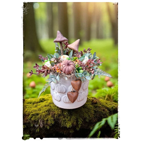 Erdei gombás vintage mályva asztaldísz