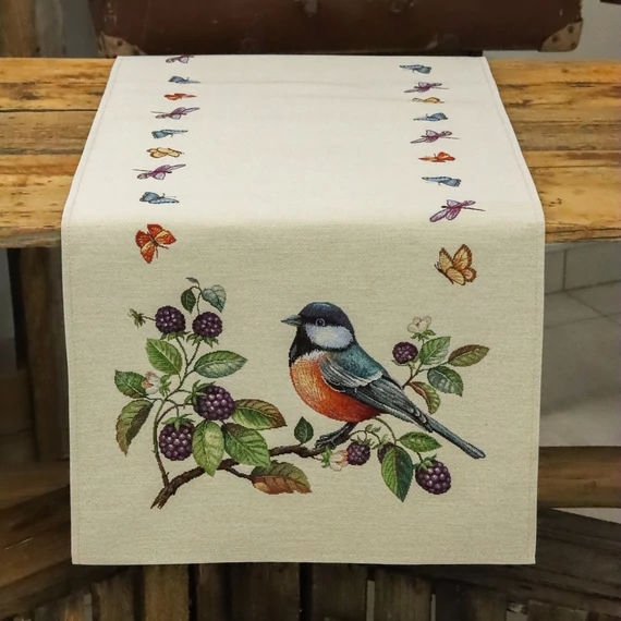 Asztalterítő, asztali futó, kismadár szeder ágon. Őszi