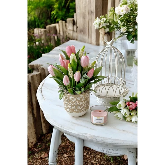 Élethű tavaszi tulipános asztaldísz 